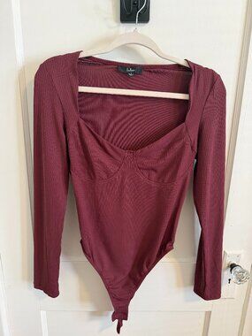 Lulus Ribbed Long Sleeve Bodysuit | Size L | Mauve Bustier Style Top